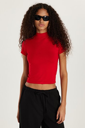 Tudors Kadın Modal Kumaş Slim Fit Dar Kesim Dik Yaka Kırmızı Bluz