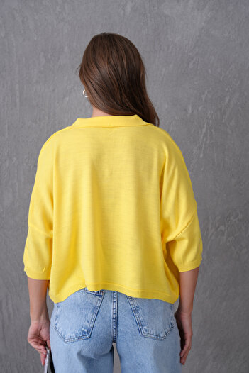 bayansepeti Kadın Sarı Polo Yaka Yarım Kollu Oversize Yazlık Crop Triko Bluz 002