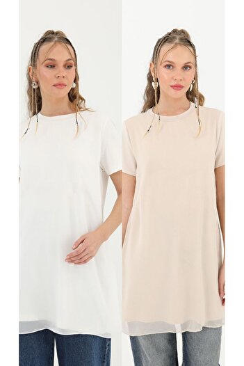 Nisa Luxury Boutique Puane Half Sleeve Front Chiffon Detail Combed Cotton Underwear Tunic 10271