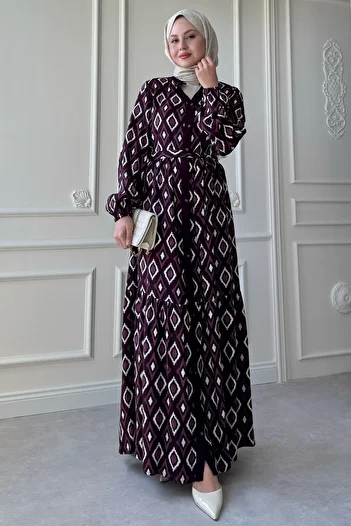 InStyle Triangle Pattern Marbled Viscose Purple Dress