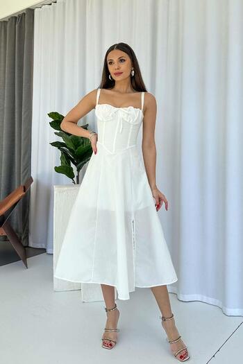 Mine Tan Butik Kolsuz Bağlama Detaylı Kadın Elbise - Beyaz
