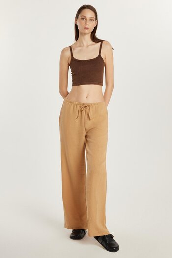 Tudors Kadın Regular Fit Beli Bağlamalı Keten Geniş Paça Bej Pantolon