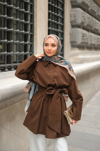 LOCCO Women's Long Belted Shirt Brown