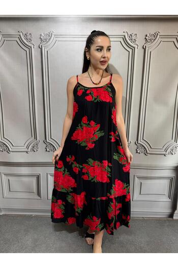 AGORATEKSTİL Women's Viscose Fabric Rose Patterned Long Strap Dress