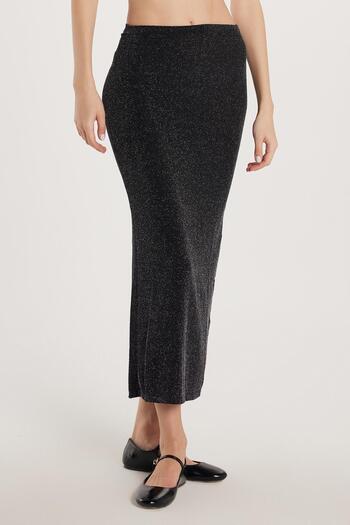 Tudors Women's Slim Fit Silvery Plain Black Skirt
