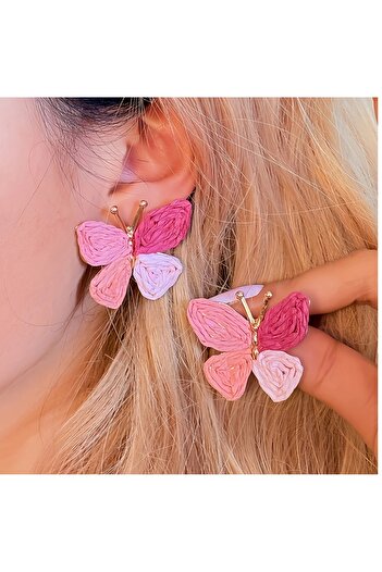 mos&more Pink Raffia Butterfly Summer Fashion Lightweight Women's Earrings