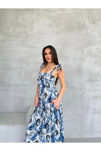 REELMODA Rochie de vară cu model din bumbac, cu bretele late, albastre, cu buzunare pentru umăr