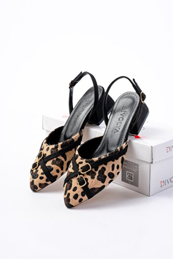 DİVOLYA Gabriel Leopard Black Cross Buckle (4 cm Heel) Pointed Toe Ballerina Shoes