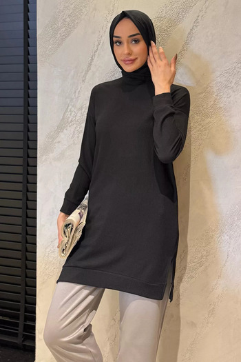 julude Black Women's Crew Neck Slit Detailed Wrapped Hijab Tunic
