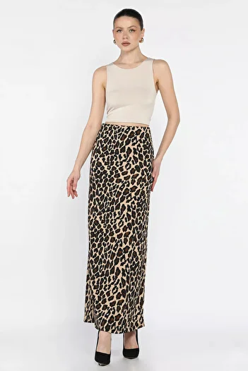 julude Beige Women's Leopard Patterned Elastic Waist Wrapped Hijab Skirt