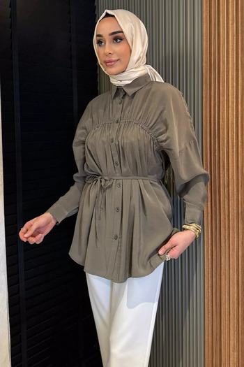 julude Khaki Women's Front Gather Detailed Waist Tie Hijab Tunic
