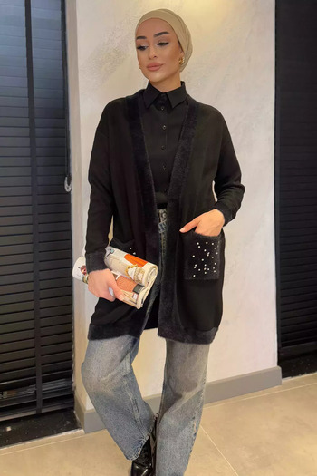 julude Black Women's Plush Detailed Pearled Hijab Knitwear Cardigan