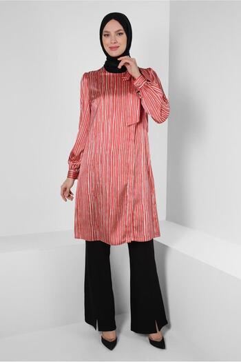 Alvina STRIPED COLLAR BOW DETAIL SATIN TUNIC 43738