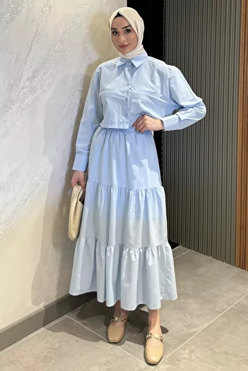 julude Light Blue Women's Elastic Waist Pleated Tiered Hijab Skirt