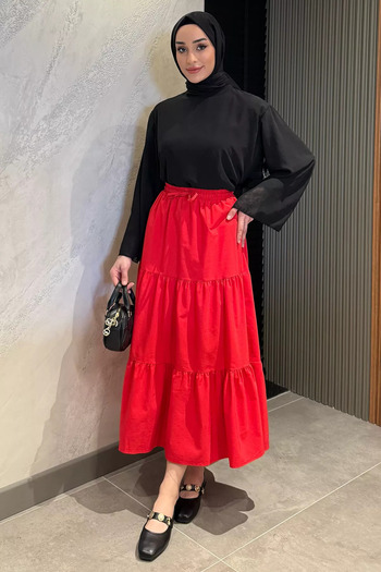 julude Red Women's Elastic Waist Pleated Tiered Hijab Skirt
