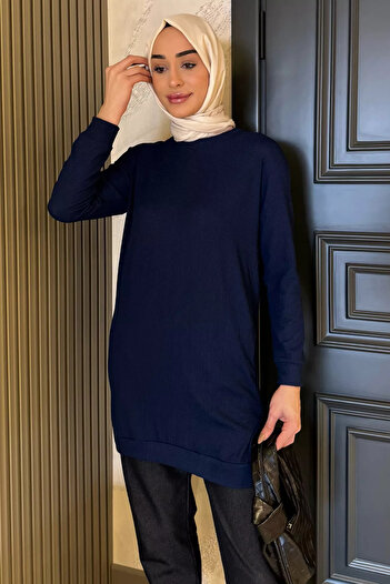 julude Navy Blue Women's Crew Neck Slit Detailed Wrapped Hijab Tunic
