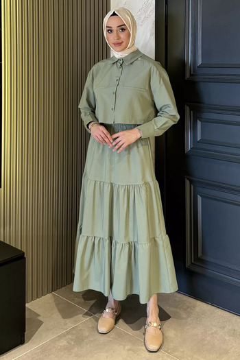 julude Khaki Women's Elastic Waist Pleated Tiered Hijab Skirt