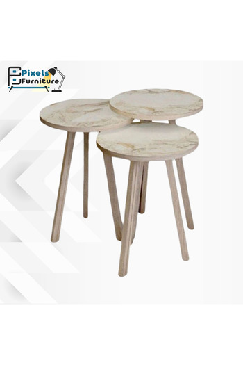 PixelsFurniture Pixel Furniture 3-Piece Round Coffee and Tea Serving Table Set, Beige Marble