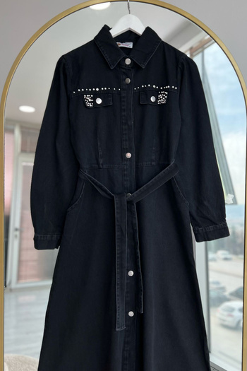Bold Grup Women's Denim Pearl Stone Pocket Detailed Hijab Denim Dress