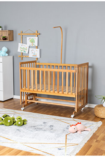 Bamgidoo Doğal Ahşap Beşik Anne Yanı Beşik Vernikli 70x130 - Pembe Balina Uyku Seti Yataklı Tekerlekli
