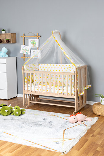 Bamgidoo Doğal Ahşap Beşik Anne Yanı Beşik Organik 70x130 - Sarı Yıldız 1 Yastıklı Uyku Seti Yataklı