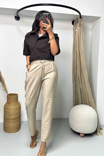 Sohotique By P Wrinkled Viscose Carrot Trousers Beige