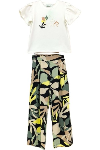 wakawakakidsstore Girl's Trouser Suit with Pattern and Text Detail - Ecru