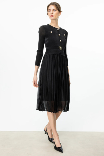 Ekol Accordion Fabric Ornamental Button Dress Black