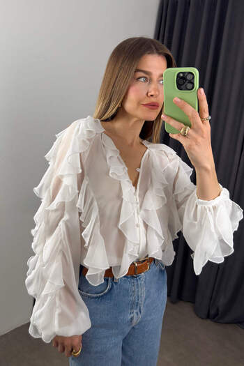 Sue Store White Ruffled Buttoned Premium Blouse