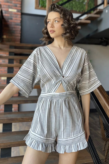 GÜLSELİ Dark Gray Women's Front Knot Detailed Backless Line Patterned Linen Dress