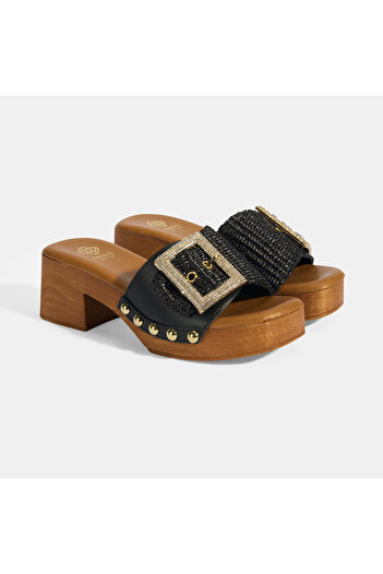 Desa Women's Black Adjustable Buckle Detailed Heeled Slippers