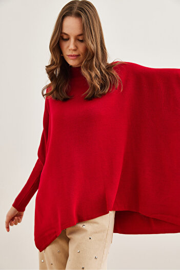 Olalook Red Knitwear Sweater - Half Turtleneck, Poncho Detail Kzk- 19000894