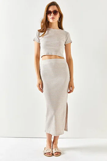 Olalook Women's Striped Beige Short Sleeve Slit Skirt Lycra Suit TKM-19000194