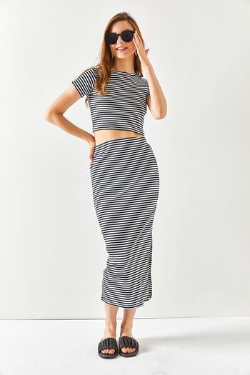 Olalook Women's Striped Black Short Sleeve Slit Skirt Lycra Suit TKM-19000194