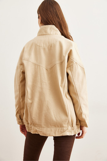 Olalook Beige Long Denim Jacket - Pockets and Zipper, Ckt- 19000258
