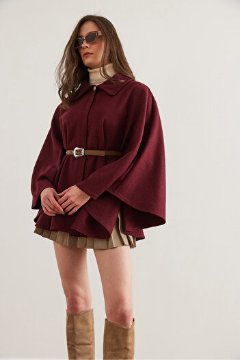 Olalook Women's Burgundy Belted Cashew Poncho Cardigan Hrk- 19000339
