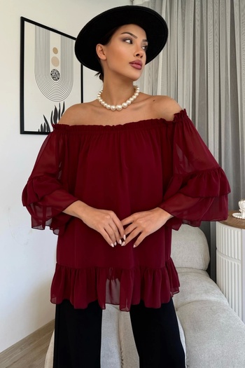 lodmela Elastic Collar Chiffon Blouse 6022-Burgundy