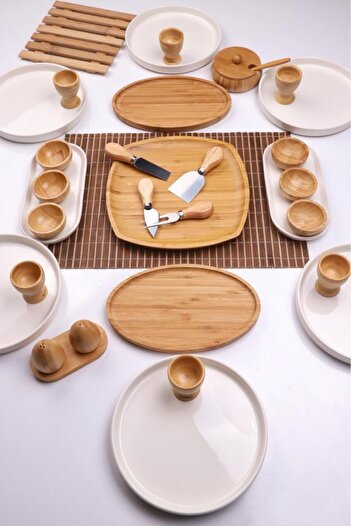 Atbyhome Breeze 34 Piece Ceramic Natural Bamboo Breakfast Set for 6 People - Breakfast Set Presentation Set