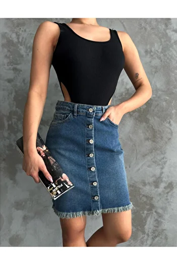 Bluezoni Women's Buttoned Mini Short Dark Blue Lycra Denim Skirt