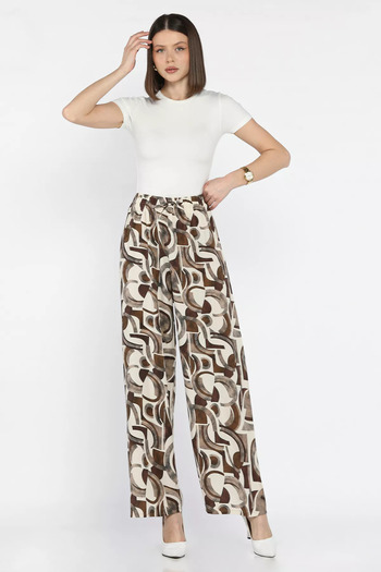GÜLSELİ Cream Brown Women's Elastic Waist Viscose Walking Pants