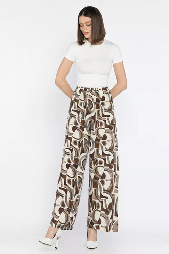 GÜLSELİ Cream Brown Women's Elastic Waist Viscose Walking Pants
