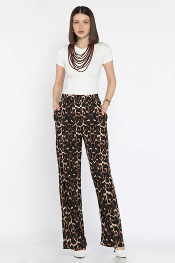 GÜLSELİ Beige-Black Women's Elastic Waist Double Pocket Wrap Trousers