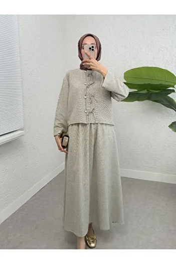 Modamorfo Stone and Ribbon Detailed Skirted Linen Suit - Stone