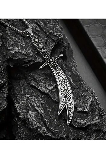 sarıyer silver Zülfikar Model Işlemeli Geleneksel Tasarım Hz. Ali Kılıcı Zülfikar Kılıç Çelik Kolye