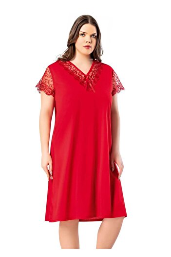 Tezzgelsin Women's Plus Size Lace Detailed Long Nightgown