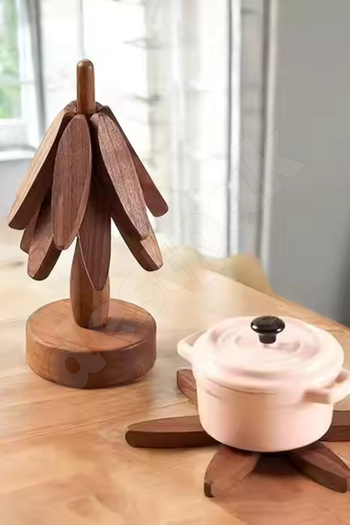 Destpak (Acacia Color) 4-Piece Wooden Trivet with Stand - Walnut Trivet Practical Folding Trivet Walnut Coaster