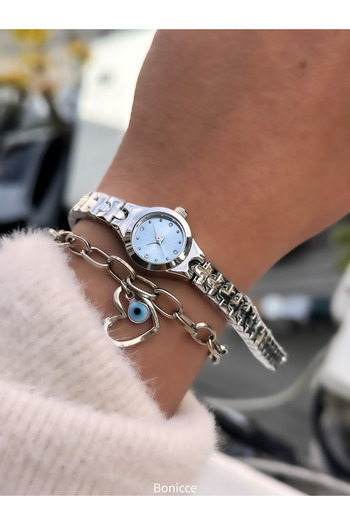 Bonicce Brand Silver Color, Baby Blue Dial, Retro Vintage Minimal Case Women's Wristwatch Gift
