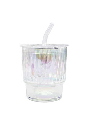 PUFO Rainbow Line glass travel mug for coffee or tea, 350 ml, transparent