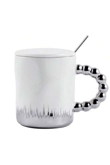 PUFO Cană ceramică Opulence cu capac și linguriță pentru cafea sau ceai, 250 ml, alb/argintiu