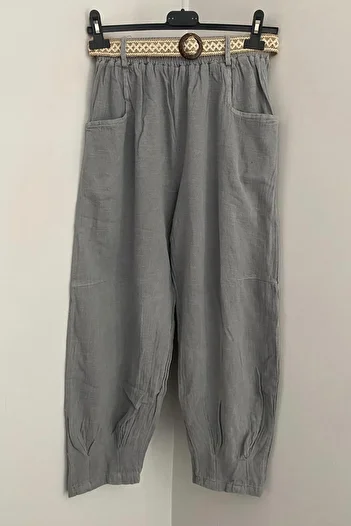 AYASOFYA OTANTIK Women's Gray Elastic Waist Belt Detailed Cotton Linen Trousers with Cuffed Legs and Pockets